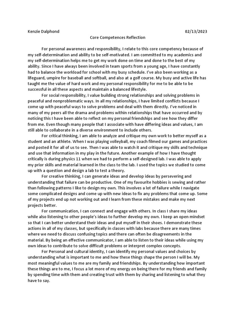 Core Competencies Self-Reflection | PDF | Thought | Learning