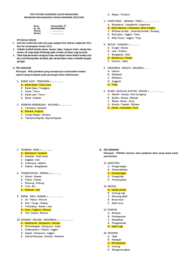 Test potensi akademik calon mahasiswa program pascasarjana tahun
