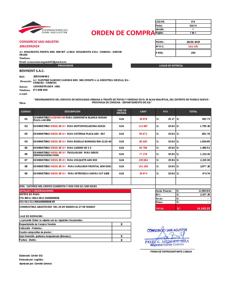Orden de Compra Consorcio San Agustín | PDF