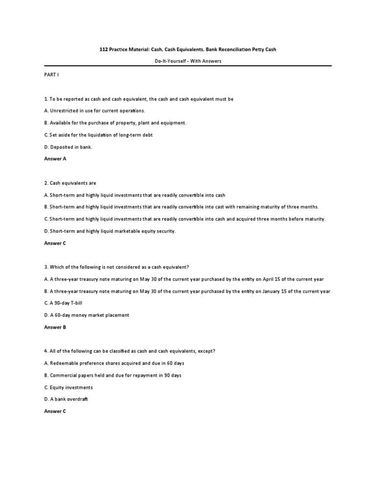 112 Practice Material Cash, Cash Equivalents, Bank Reconciliation