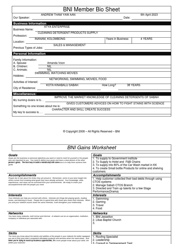 BNI Member Bio Sheet: Business Information | PDF | Business