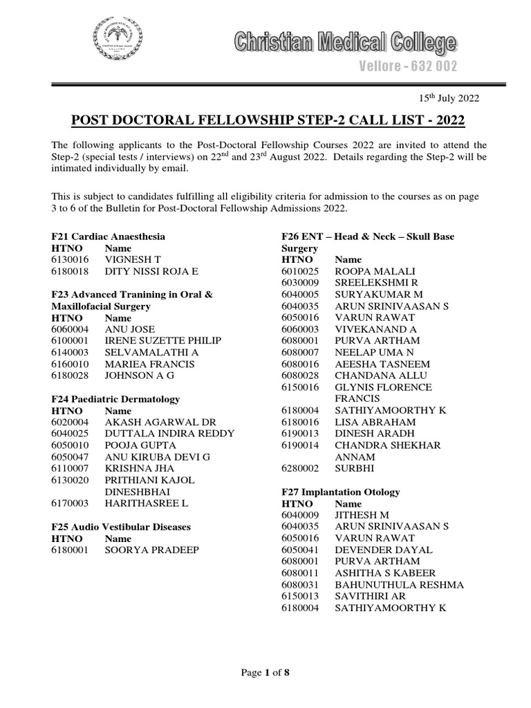 Post-Doctoral Fellowship Courses 2022 Step-1 Results | PDF | Health ...
