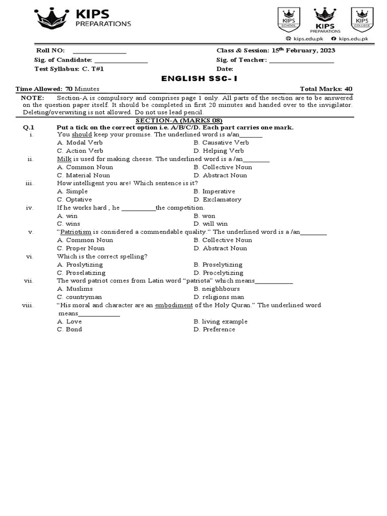 English Exam Paper with Questions on Grammar, Comprehension ...