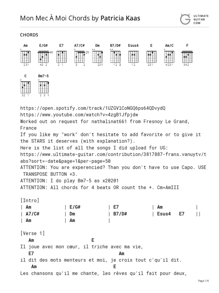 Mon Mec À Moi Chords (Ver 2) by Patricia Kaastabs at Ultimate Guitar Archive PDF