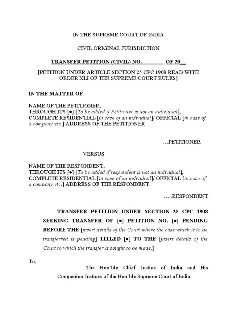 Transfer Petition Format Under CPC | PDF | Supreme Court Of India ...
