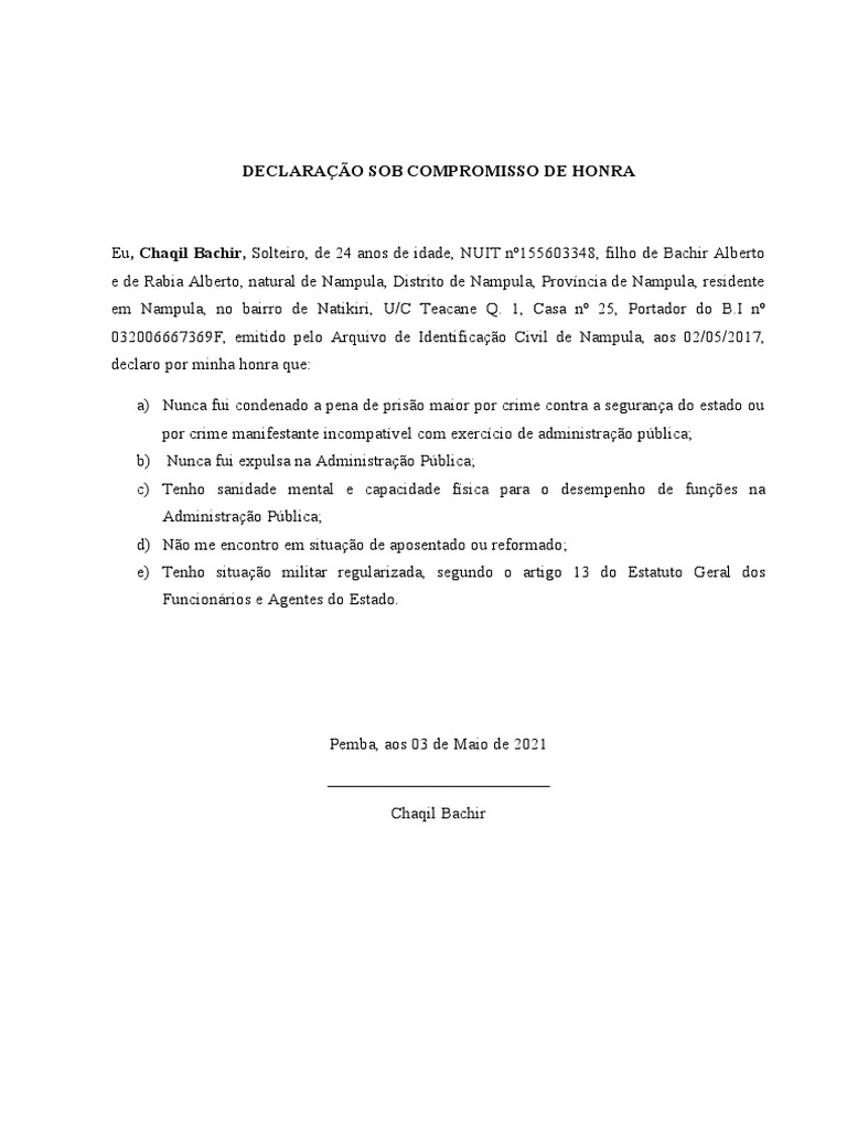 Declaração Sob Compromisso de Honra | PDF