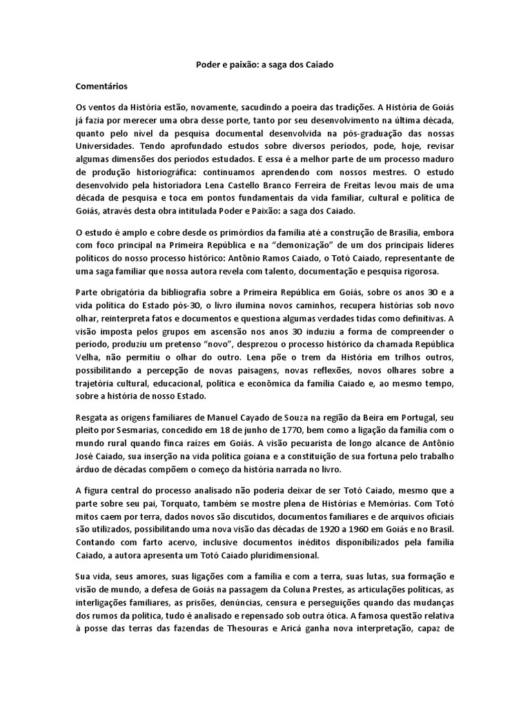 Poder e Paixao A Saga Dos Caiado - Comentario | PDF | Família | República