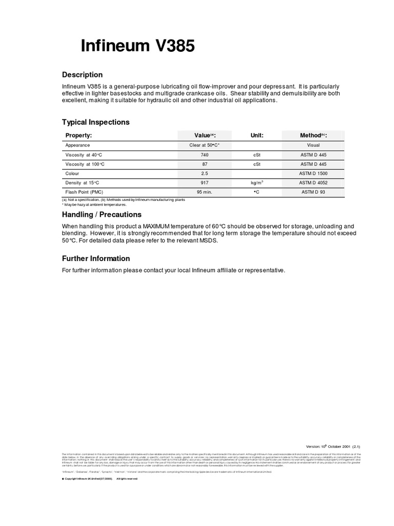 Infineum V385 PDF Viscosity Information