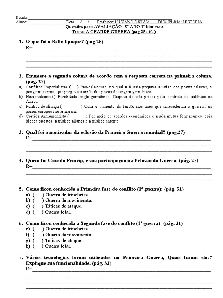 Atividade 14 03 2023 9º Ano 1 Guerra Mundial 1º Bimestre | PDF ...