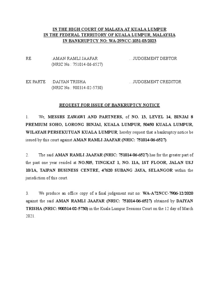 Request For Bankruptcy Notice PDF