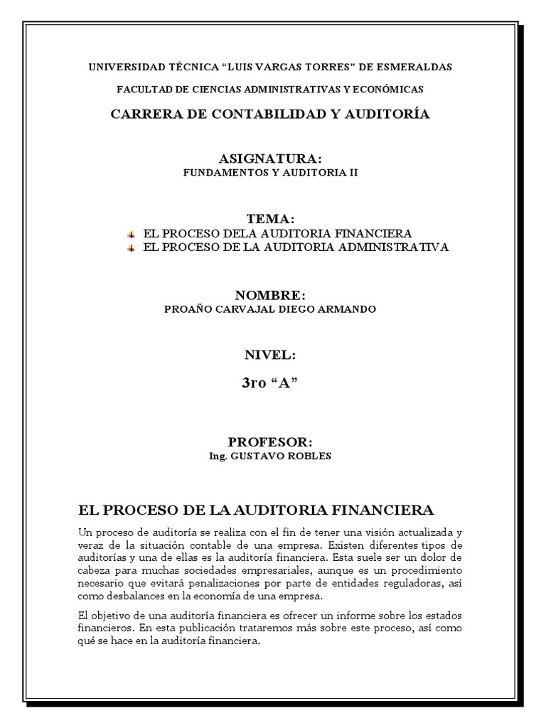 El Proceso de La Auditoria Financiera y Administrativa | PDF ...
