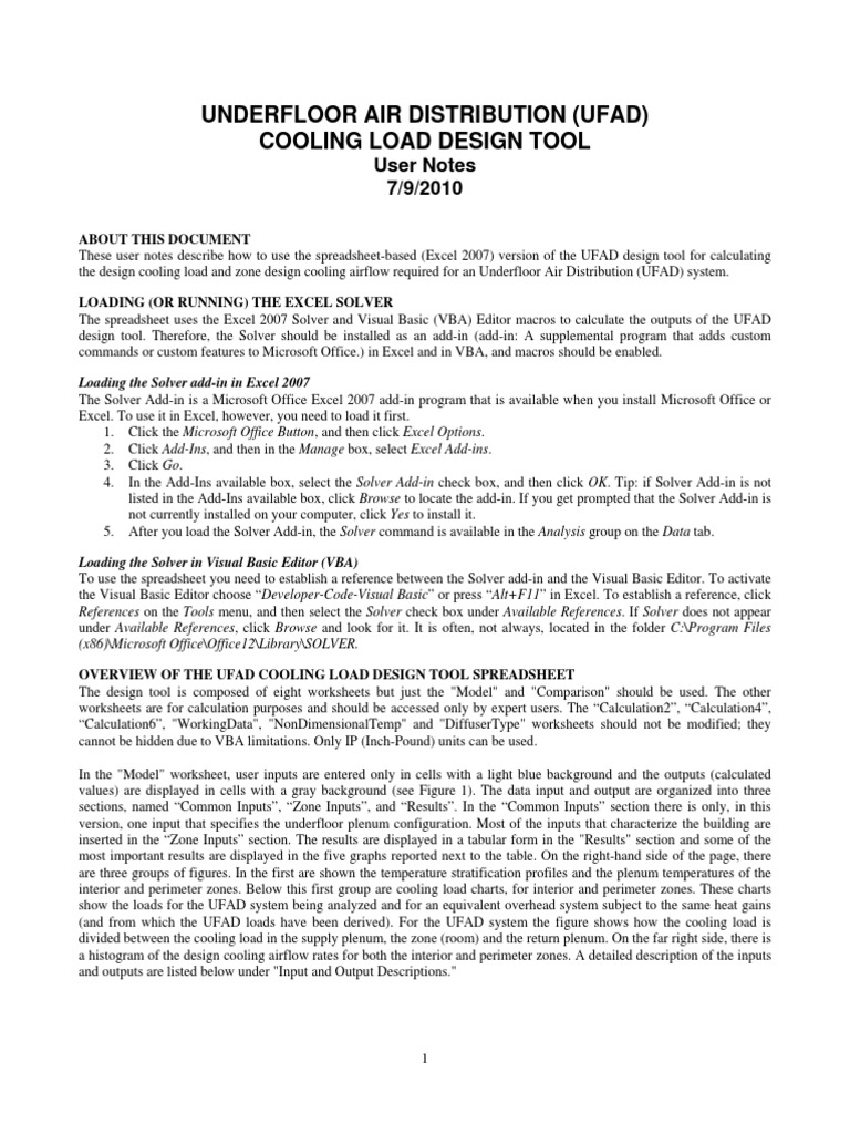 UFAD Cooling Load Design Tool Guide | PDF | Microsoft Excel | Computing