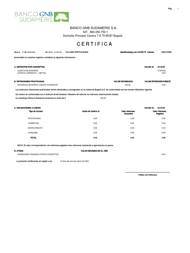 Certificado Tributario Banco Sudameris | PDF | Bancos | Interés