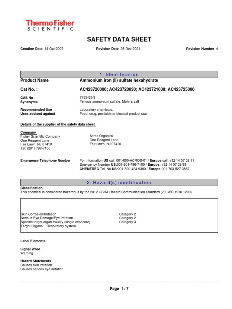 Ammonium Iron(II) Sulfate SDS | PDF | Personal Protective Equipment ...