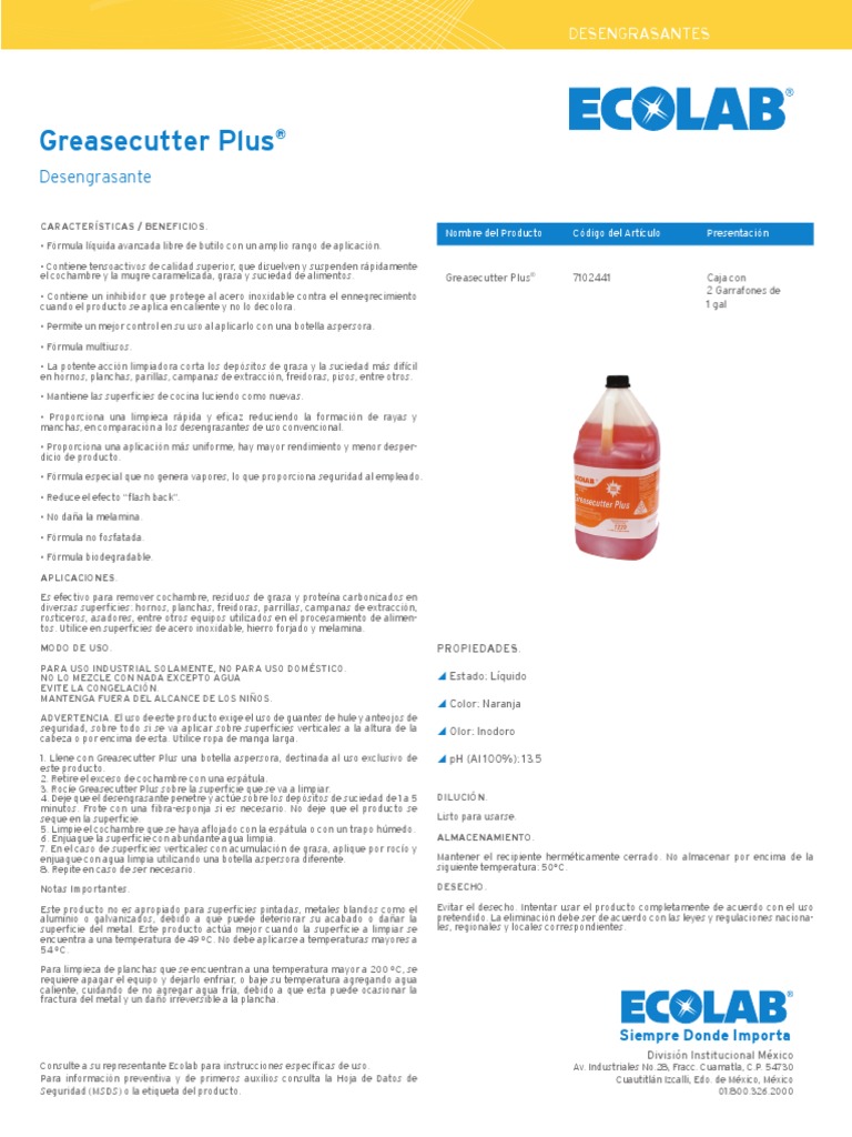 GREASECUTTER PLUS 21 GalHoja Tecnica PDF Agua Química