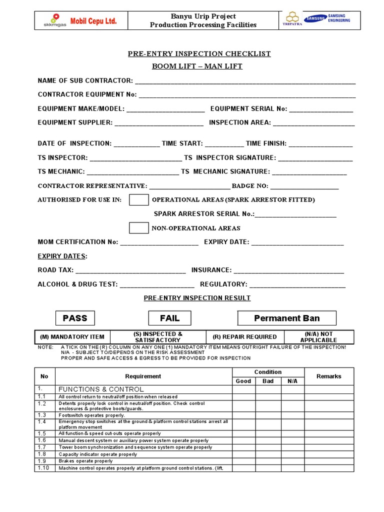 Boom Lift Man Lift Inspection Checklists PDF Elevator Engines