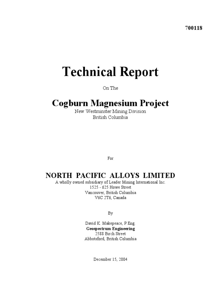 Cogburn Magnesium Project Overview | PDF | Rock (Geology) | Magnesium