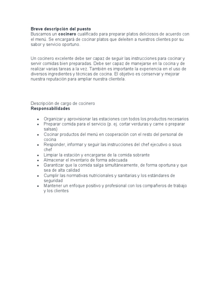 Descripción del puesto de chef | PDF | Artes culinarias | Alimentos