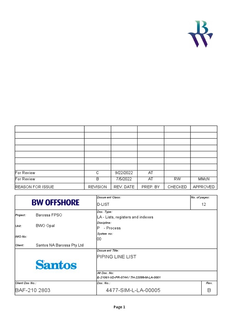 BAF210 2803 4477SIMLLA00005 B Piping Line List PDF Fluid