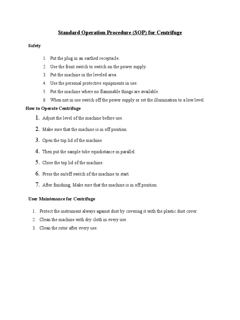 Standard Operation Procedure (SOP) For Centrifuge Safety PDF