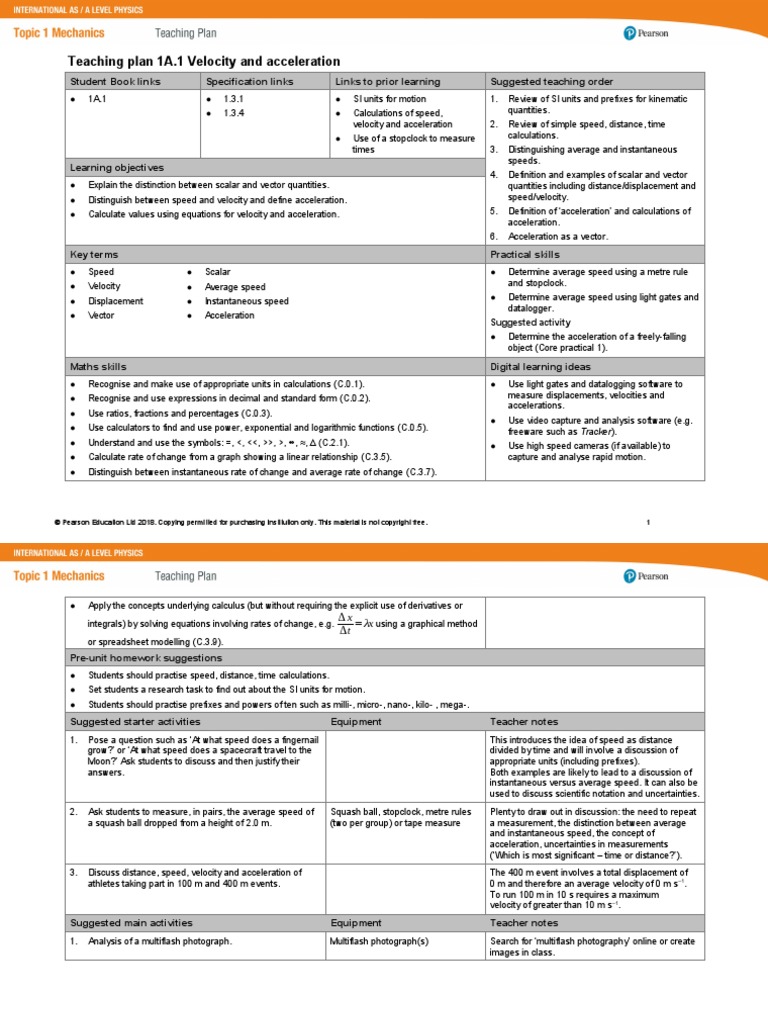 Ias Physics Sb1 Teaching Plans 1a Pdf Velocity Acceleration