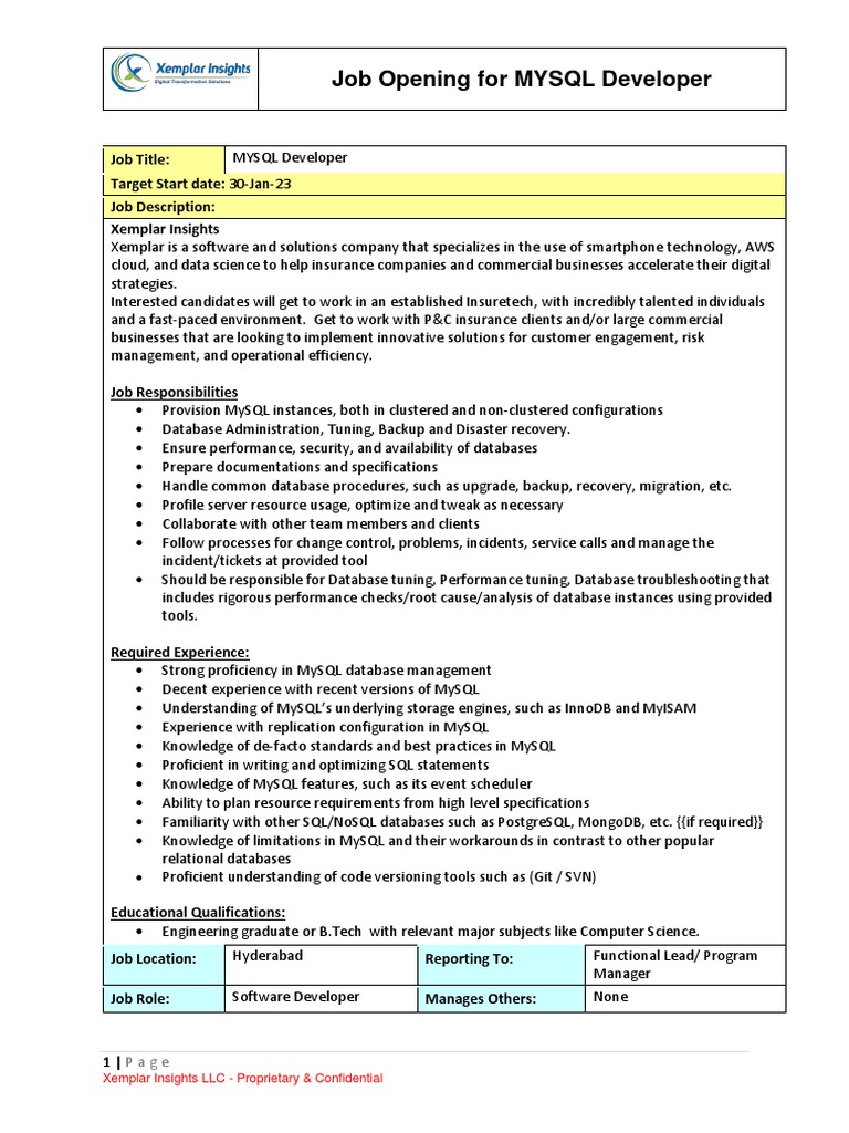 Database Analyst in MYSQL Job Description Jan'23 PDF Databases