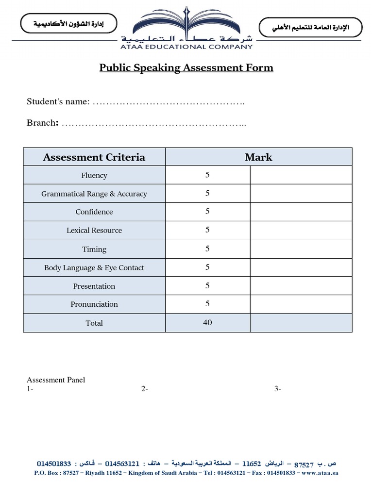 PUBLIC SPEAKING Assessment Criteria | PDF