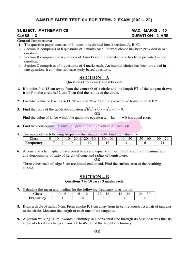 Class X Term-2 Maths Sample Paper | PDF | Circle | Sphere