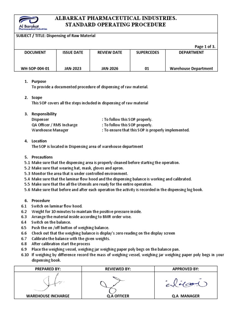 SOP for Raw Material Dispensing | PDF | Weight
