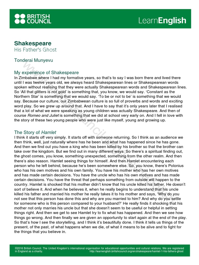 LearnEnglish Shakespeare Hamlet 1 Transcript 1 PDF Hamlet