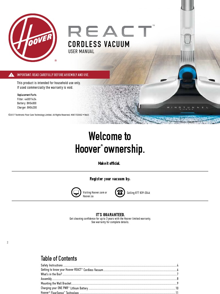 Hoover REACT Cordless Manual PDF Vacuum Cleaner Battery Charger