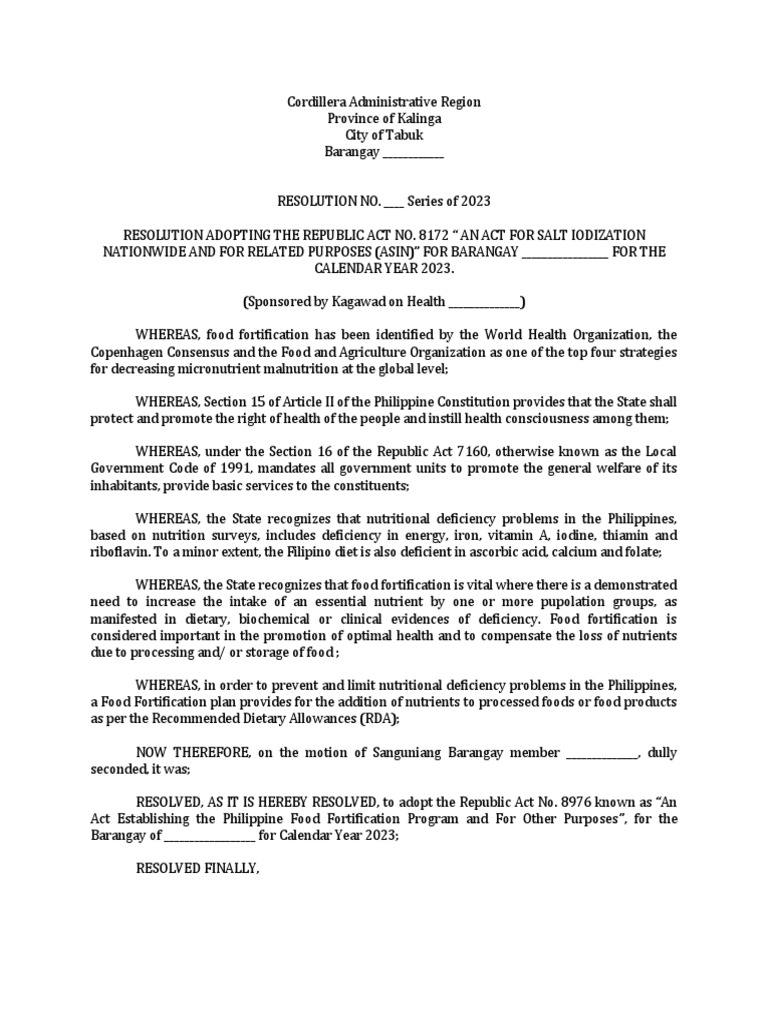 Adoption of RA 8976 for Food Fortification | PDF | Nutrients | Malnutrition