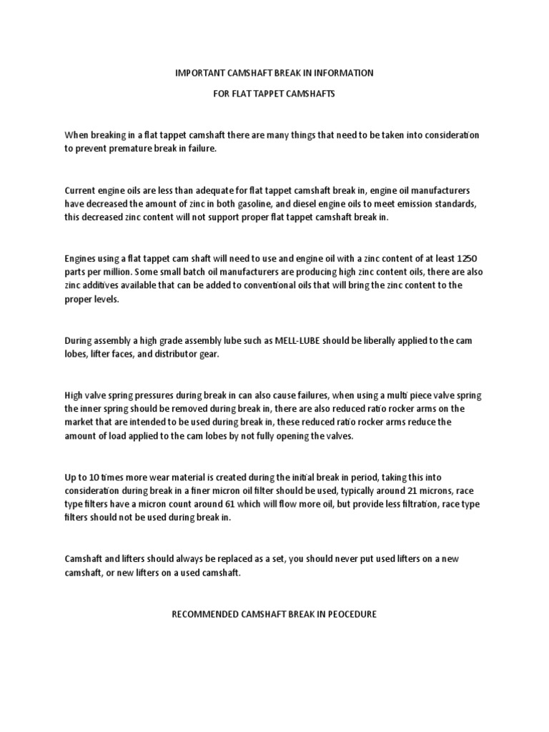 Proper Camshaft BreakIn Procedure and Considerations for Flat Tappet