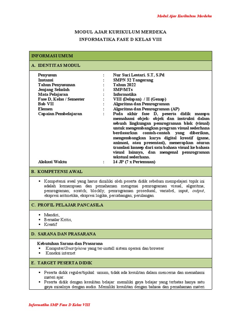 Modul Ajar Informatika Kelas 8 | PDF