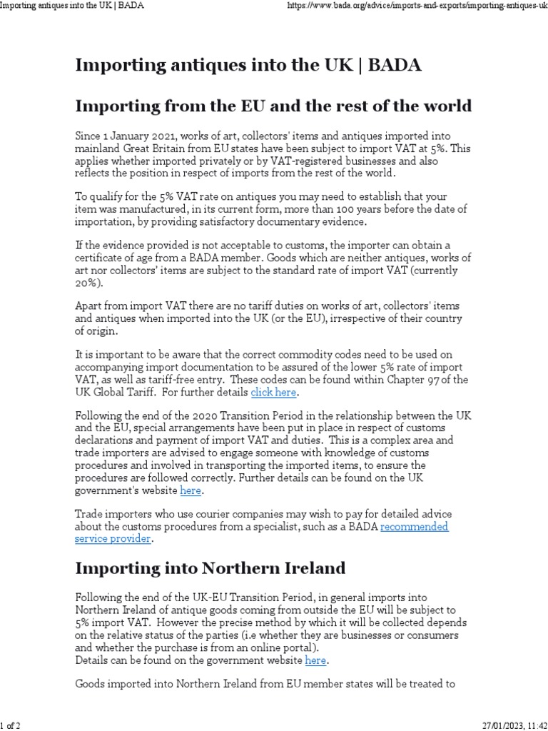 VAT Rate When Importing Antiques Into The UK BADA PDF Customs Value Added Tax