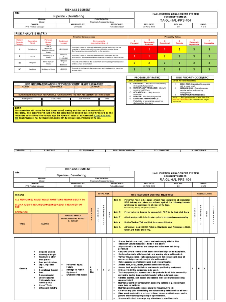 Pipeline Dewatering Risk Assessment Guide | PDF | Hazards | Safety