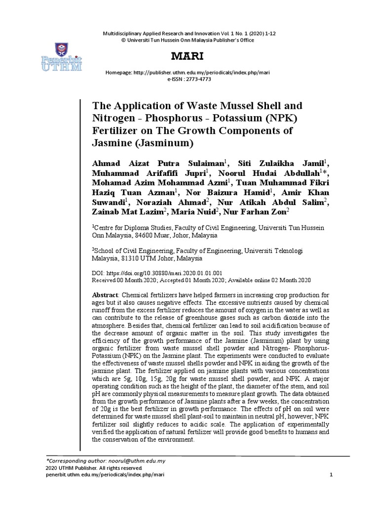 The Application of Waste Mussel Shell and Nitrogen Phosphorus