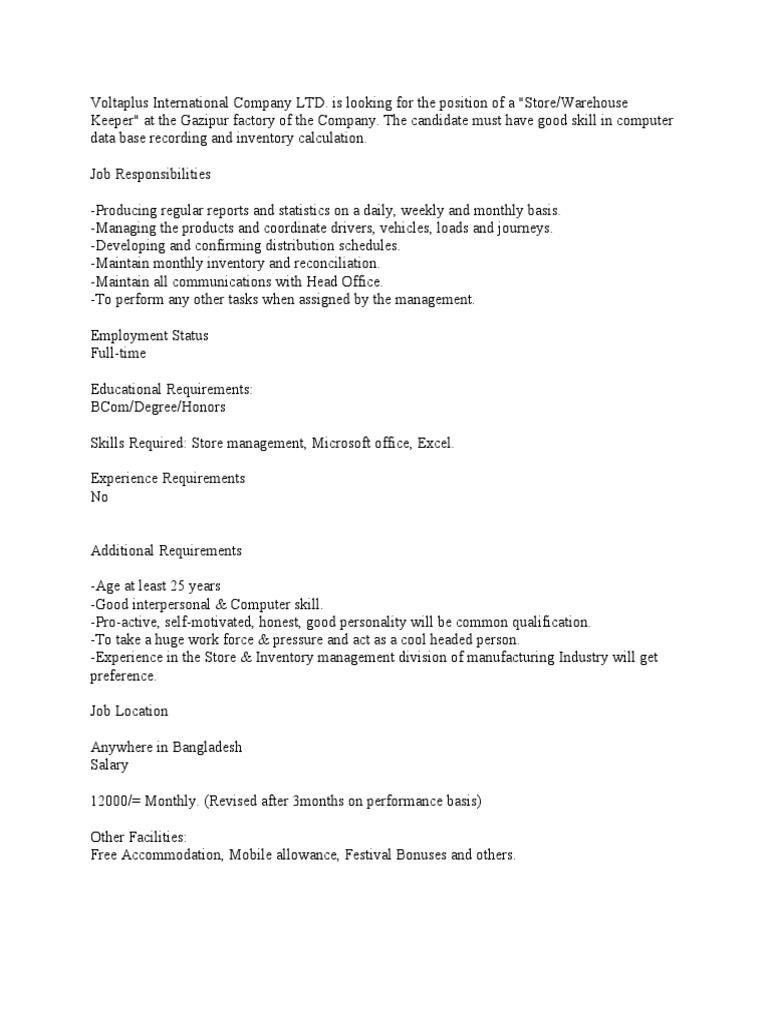 Store/Warehouse Keeper Job at Voltaplus | PDF