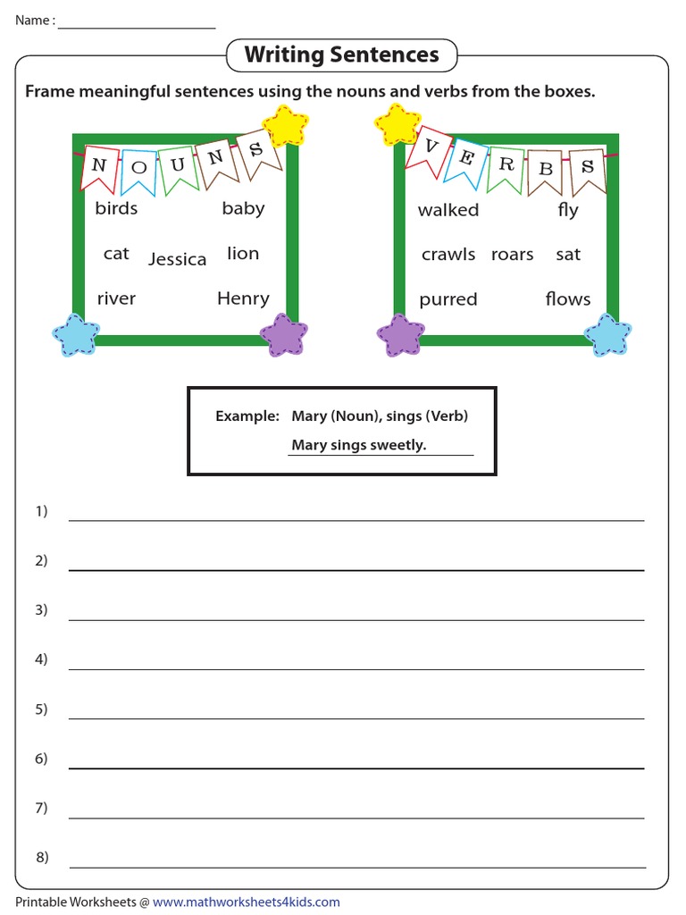 Writing Sentences: Baby Lion Birds Cat River Crawls Purred Walked Sat ...