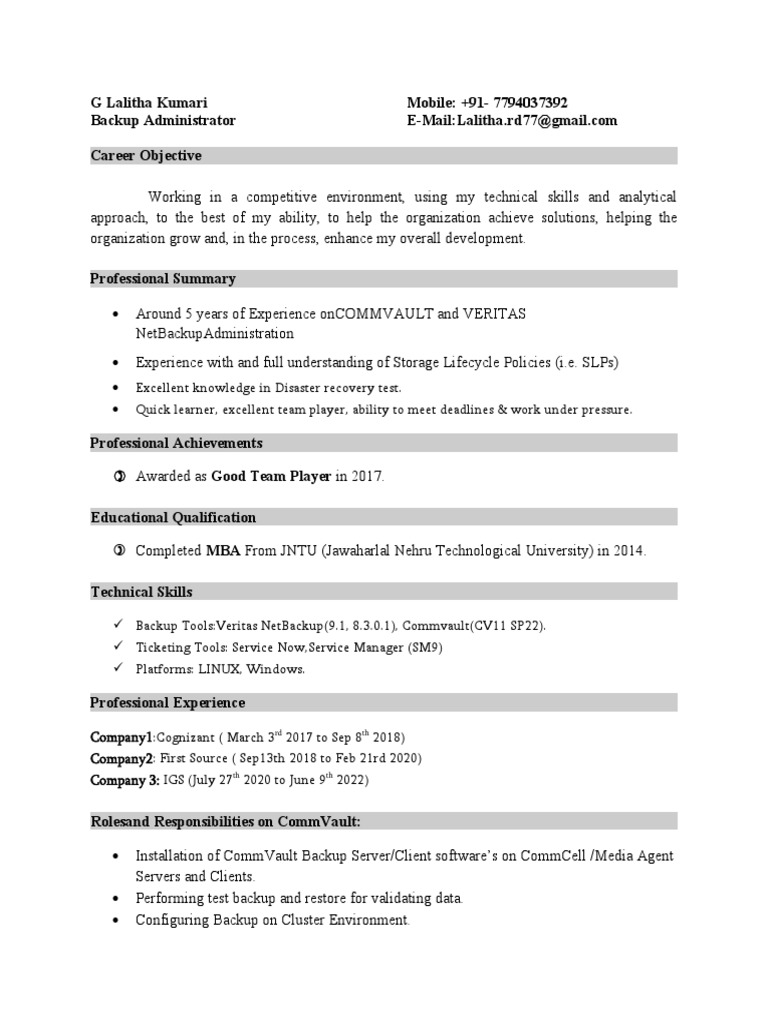 Resume of lalitha kumari highlighting her experience and skills as a