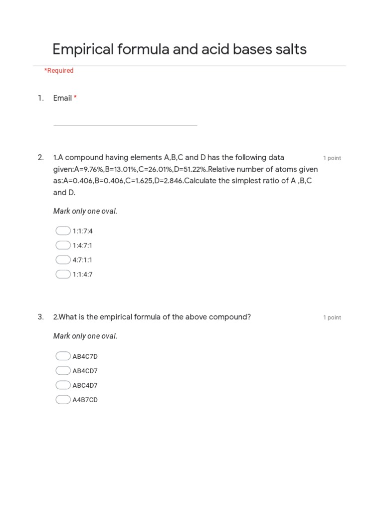 Empirical Formula and Acid Bases Salts Google Forms PDF Acid