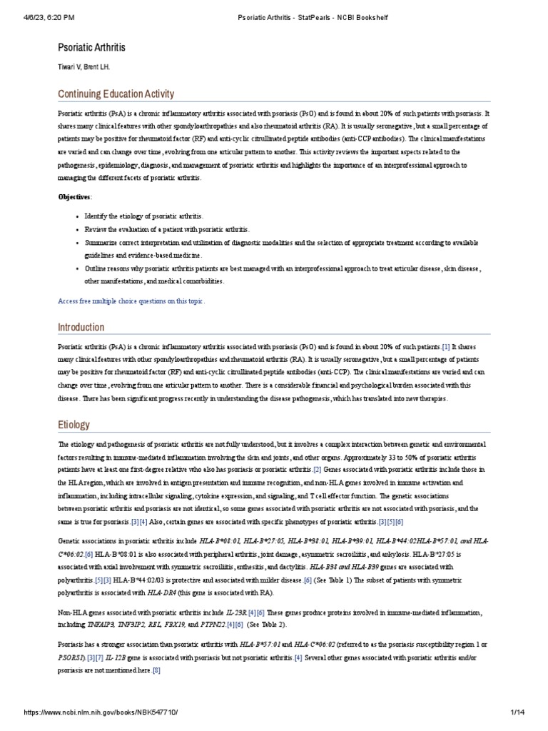 Psoriatic Arthritis StatPearls NCBI Bookshelf PDF Psoriasis