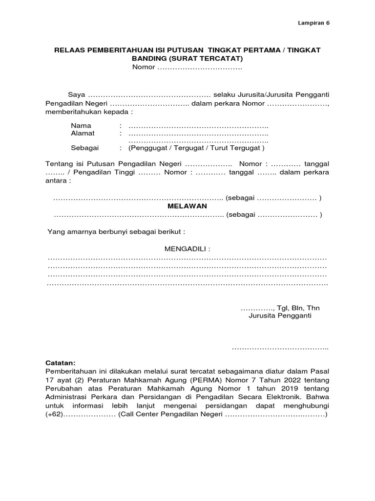 Contoh Relas Pemberitahuan Putusan | PDF