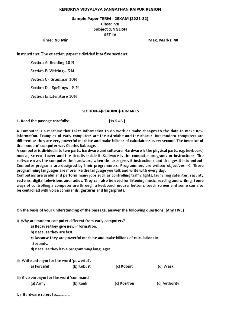 Section a reading 10marks 1 read the passage carefully 1x 5 5