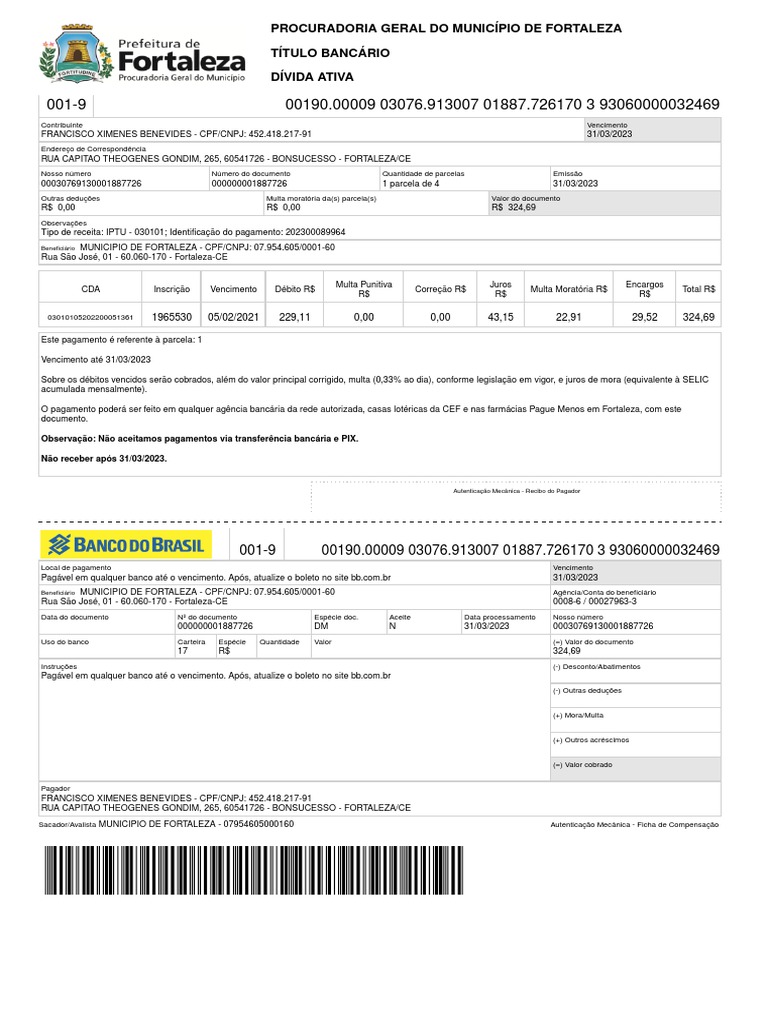 Boleto Iptu | Download grátis PDF | Finanças pessoais | Tecnologia bancária