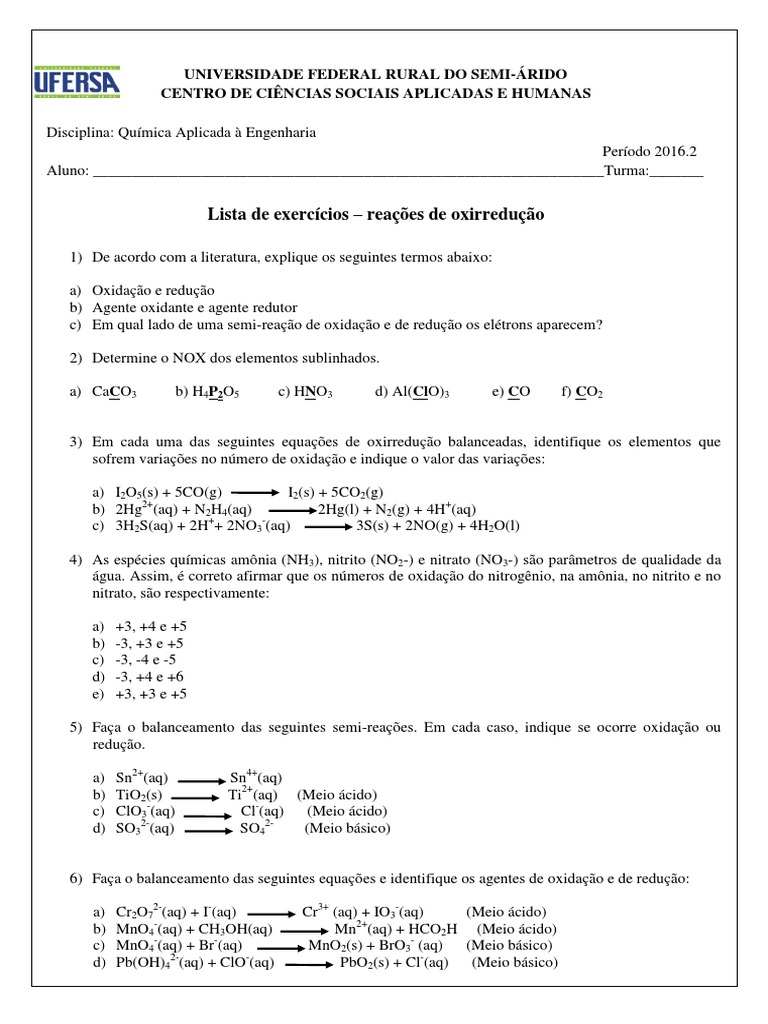 Lista de Exercícios - Reações de Oxirredução | PDF
