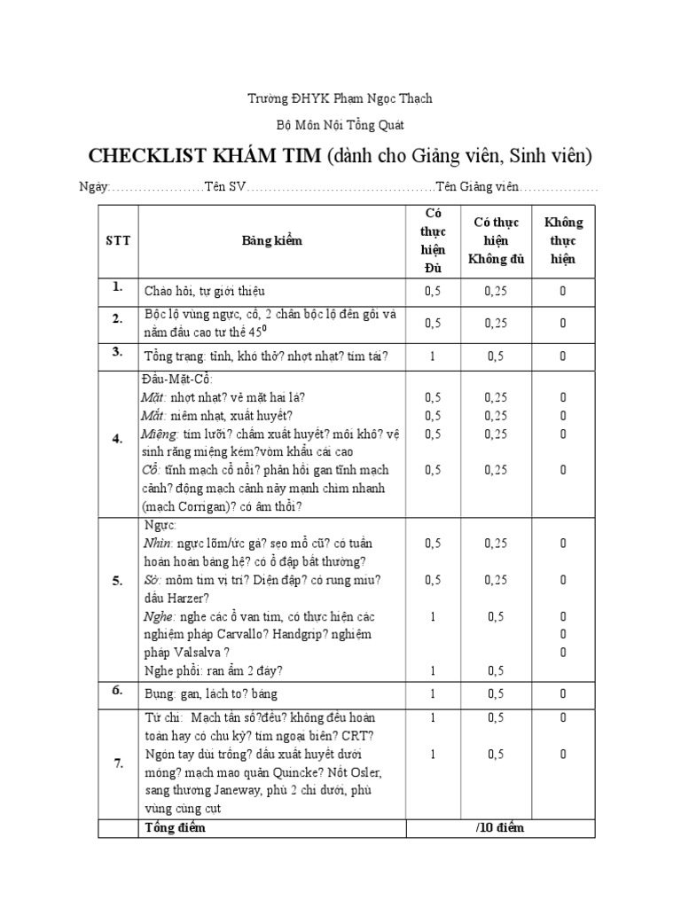 Checklist Khám Tim Pdf