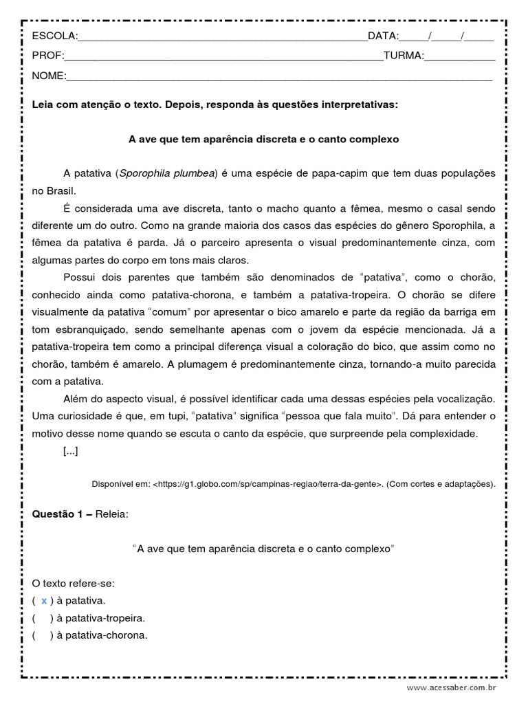 Interpretacao de Texto A Patativa 5o Ano Respostas | PDF | Bico | Espécies