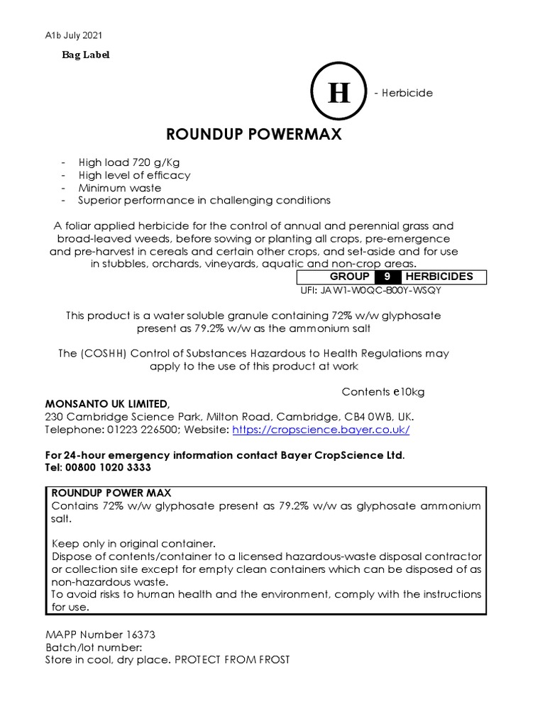 Roundup Powermax Bag Label PDF Herbicide Wheat