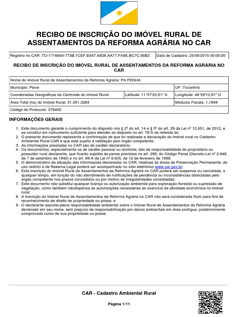 Recibo de Inscrição Do Imóvel Rural de Assentamentos Da Reforma Agrária ...